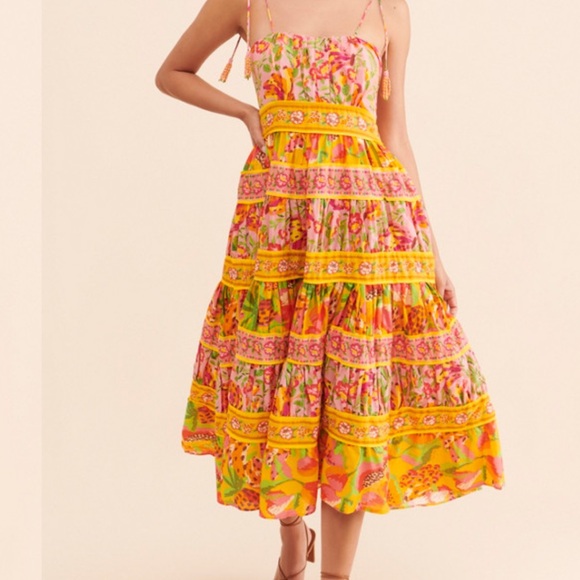 New Anthropologie x Farm Rio Mixed Fruits Paradise Dress Sz M Yellow - Picture 1 of 6